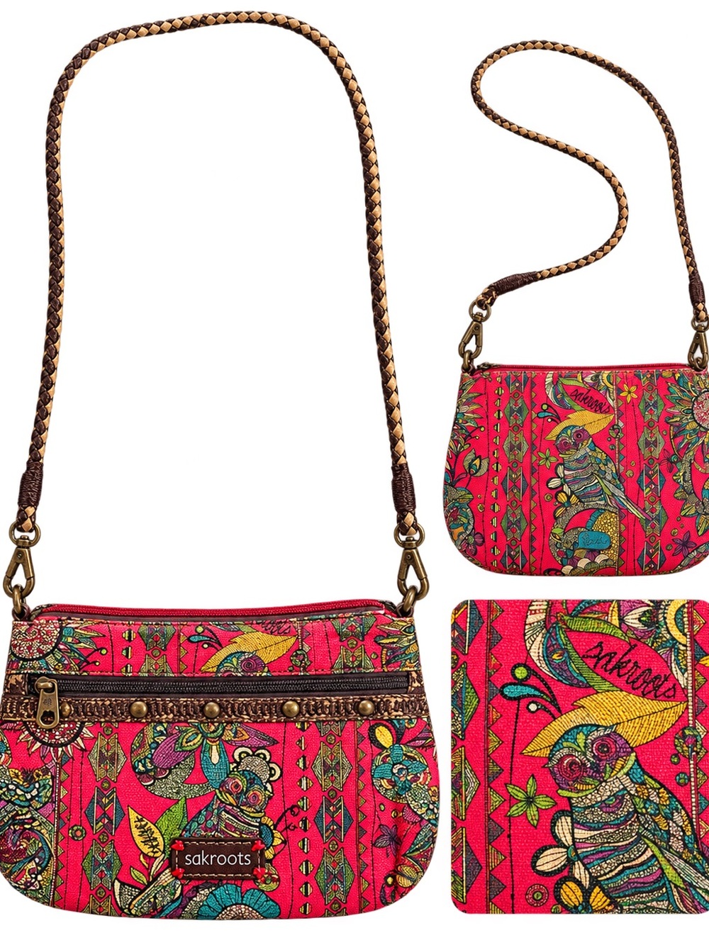 Sakroots Artist Circle Owl Red Boho Crossbody Shoulder Bag